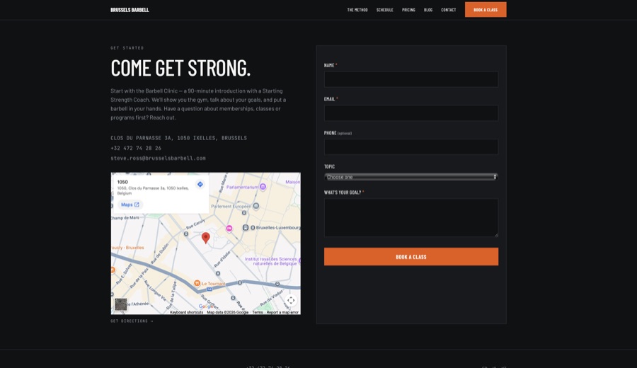 Page contact de Brussels Barbell avec formulaire d'inscription et carte